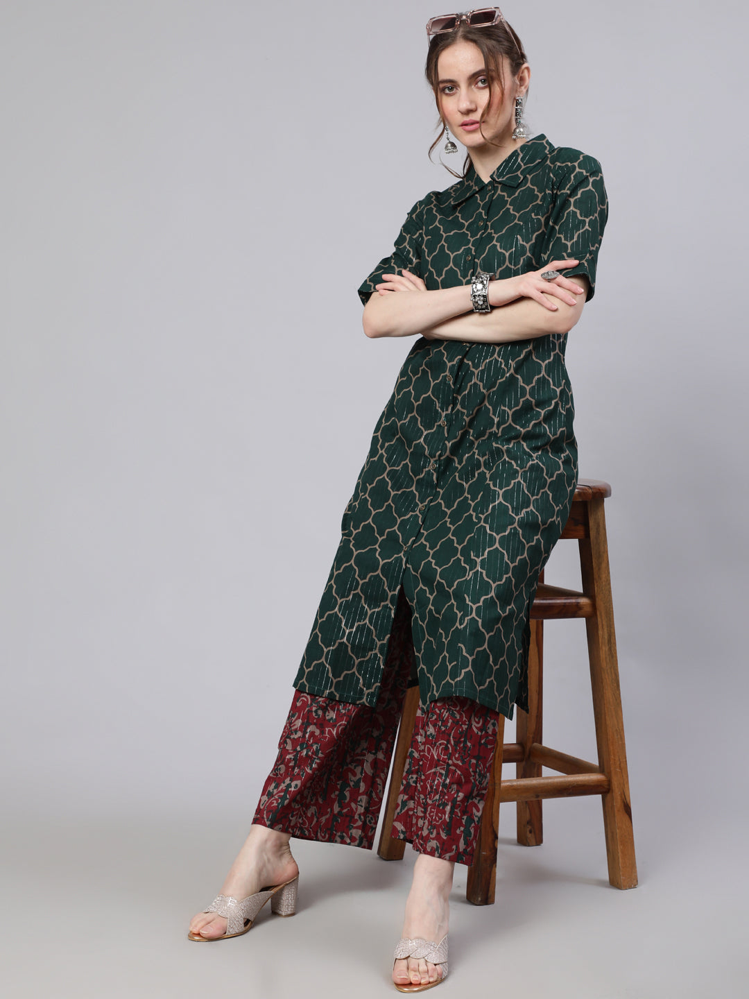 Women's Green Printed Lurex Design A-line Kurta