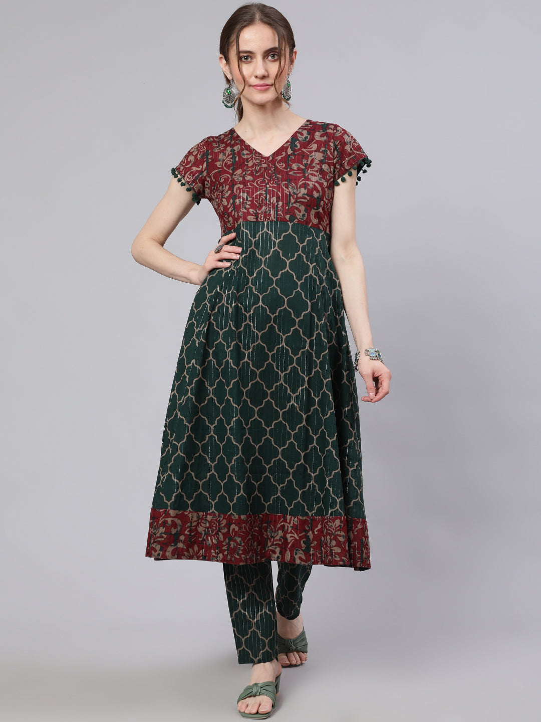 Women's Green Printed Lurex Design Anarkali