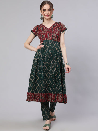 Women's Green Printed Lurex Design Anarkali