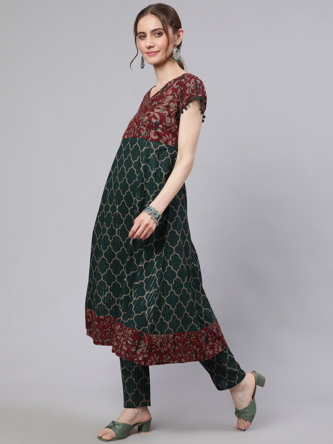 Women's Green Printed Lurex Design Anarkali