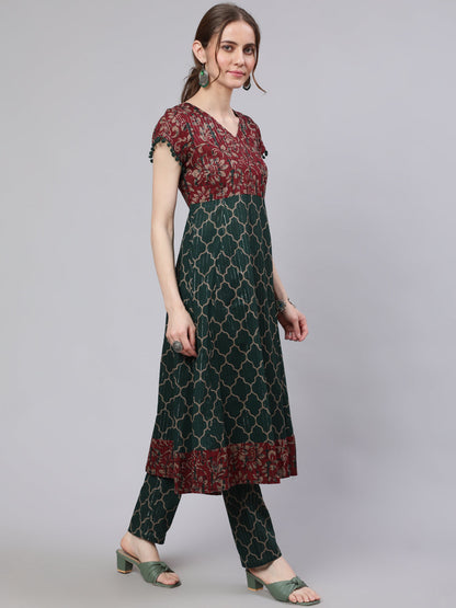 Women's Green Printed Lurex Design Anarkali