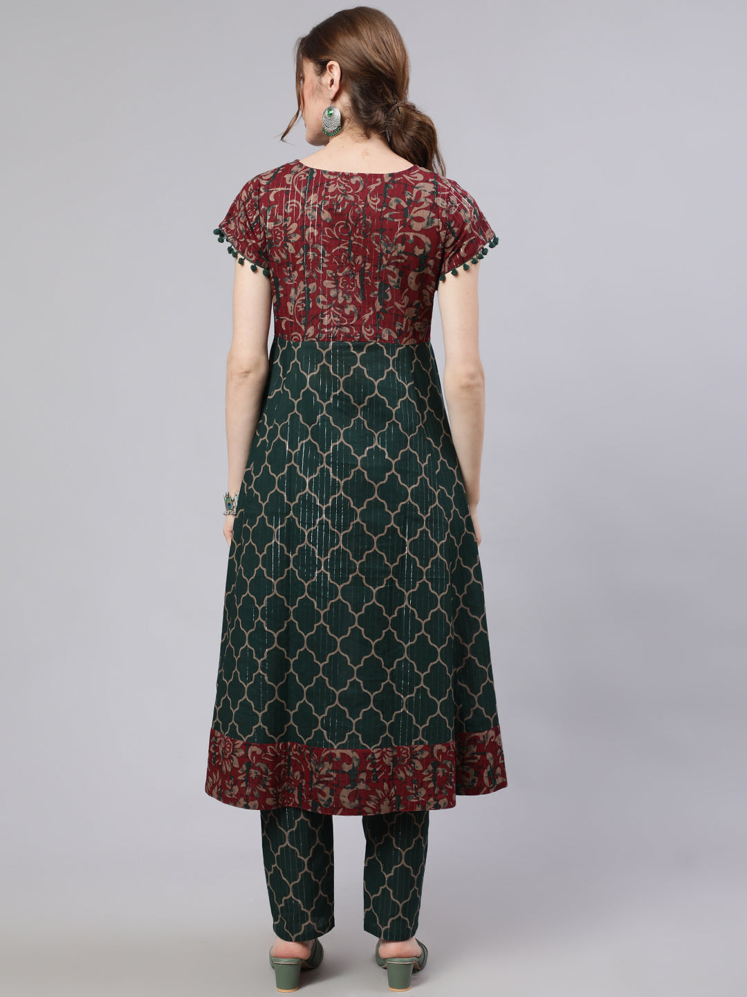 Women's Green Printed Lurex Design Anarkali