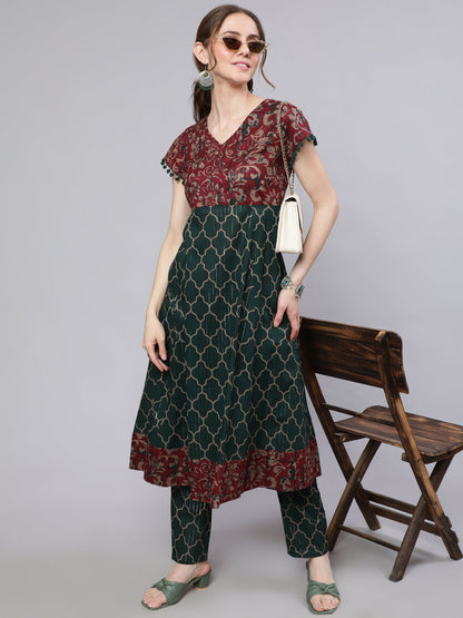 Women's Green Printed Lurex Design Anarkali