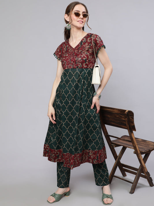 Women's Green Printed Lurex Design Anarkali