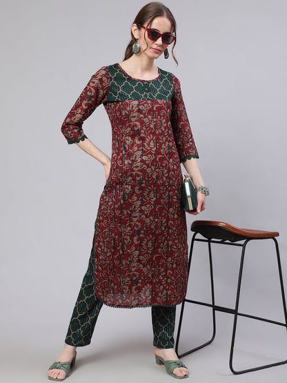 Women's Maroon Printed Straight Kurta