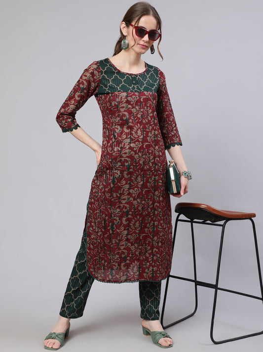 Women's Maroon Printed Straight Kurta
