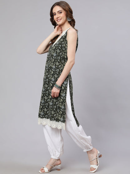 Women's Green Kantha Work Kurta With Lace Details