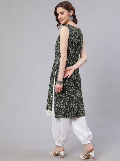 Women's Green Kantha Work Kurta With Lace Details