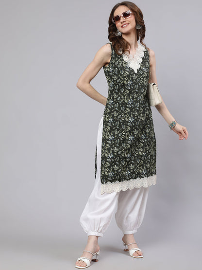 Women's Green Kantha Work Kurta With Lace Details