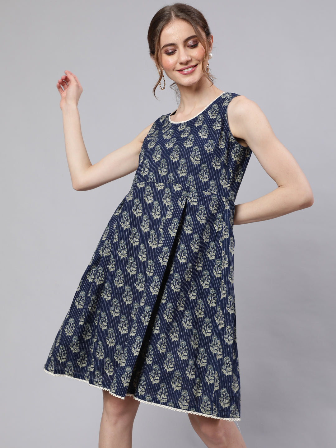 Women's Navy Blue Kantha Work Sleeveless Dress