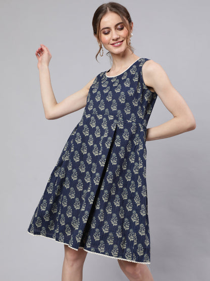 Women's Navy Blue Kantha Work Sleeveless Dress