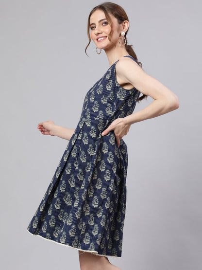 Women's Navy Blue Kantha Work Sleeveless Dress