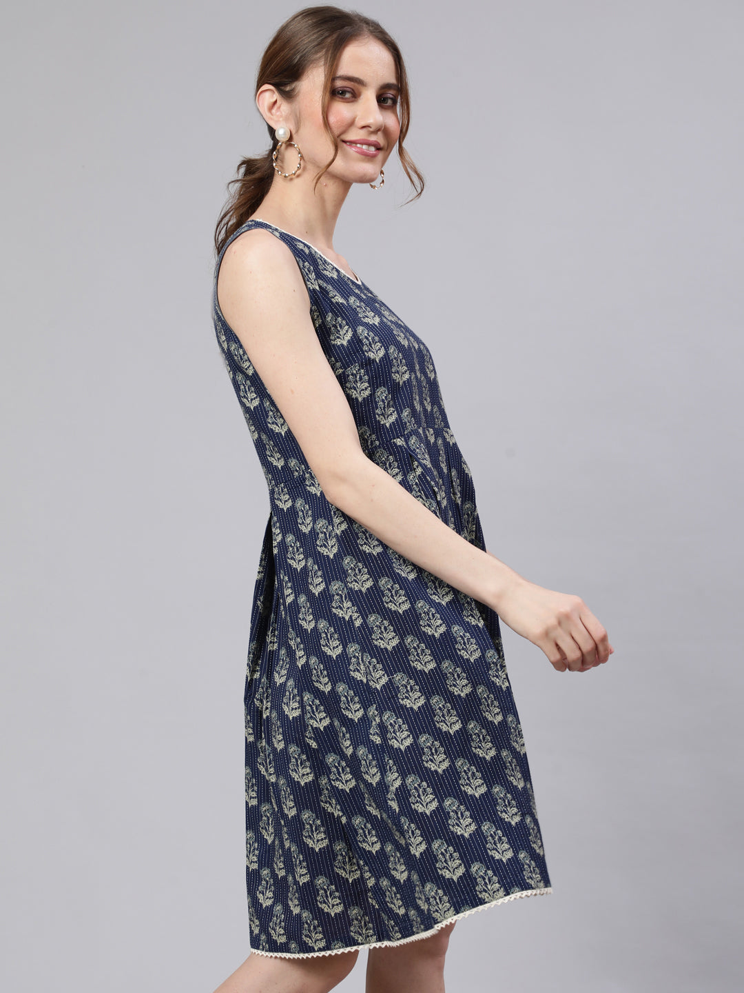 Women's Navy Blue Kantha Work Sleeveless Dress
