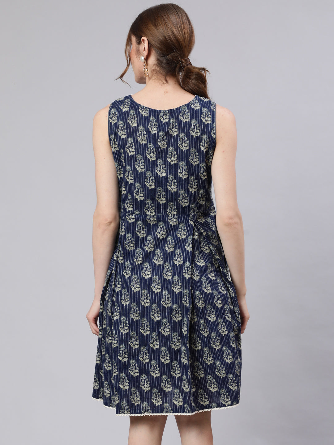Women's Navy Blue Kantha Work Sleeveless Dress