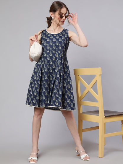 Women's Navy Blue Kantha Work Sleeveless Dress