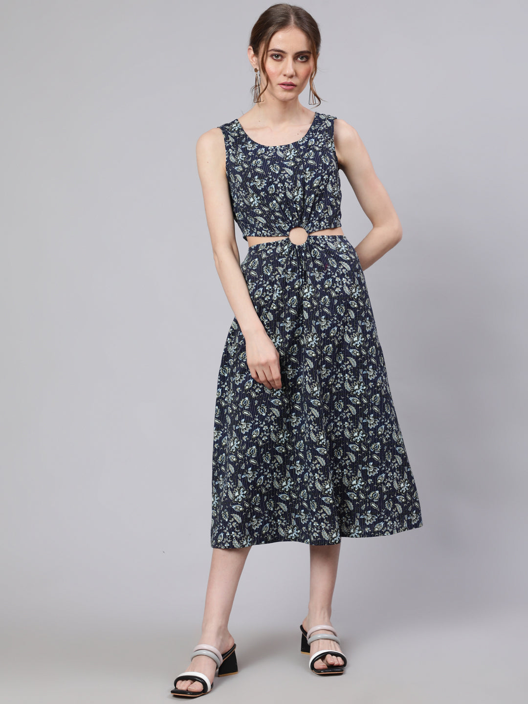 Women's Navy Blue Floral Print Cut-Out Midi Dress