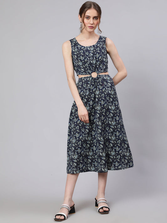 Women's Navy Blue Floral Print Cut-Out Midi Dress
