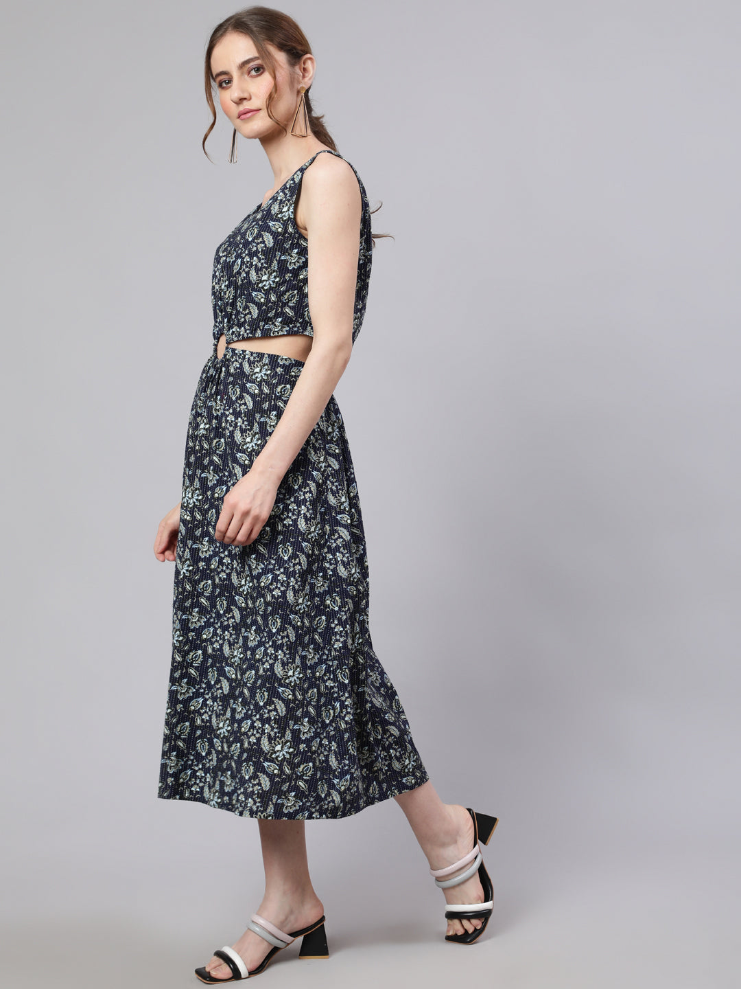 Women's Navy Blue Floral Print Cut-Out Midi Dress