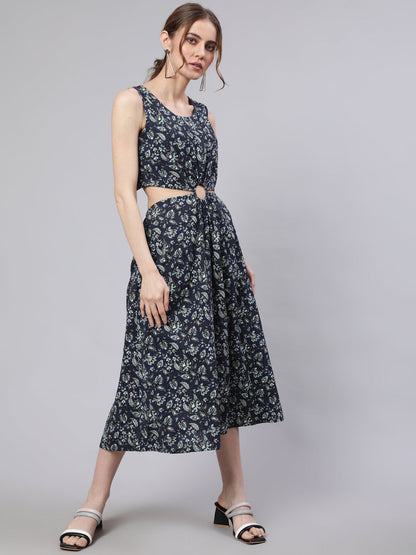 Women's Navy Blue Floral Print Cut-Out Midi Dress