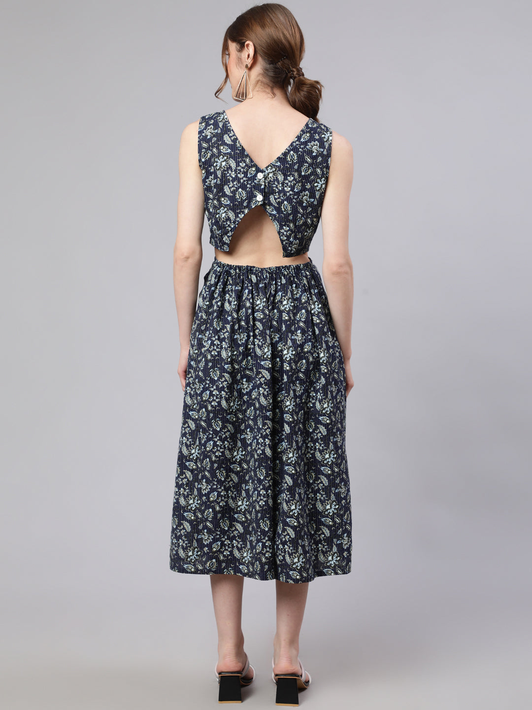 Women's Navy Blue Floral Print Cut-Out Midi Dress