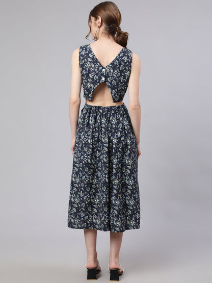 Women's Navy Blue Floral Print Cut-Out Midi Dress