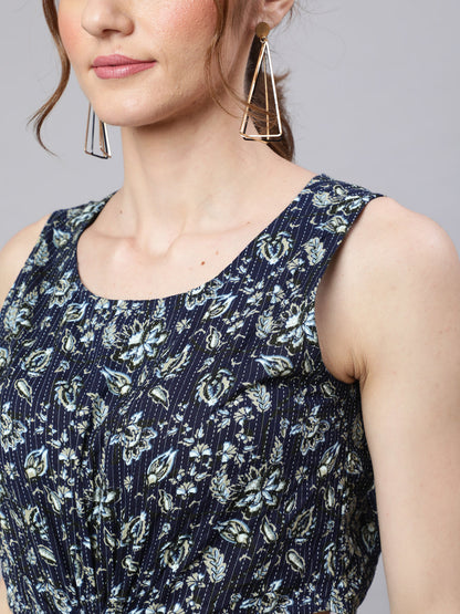 Women's Navy Blue Floral Print Cut-Out Midi Dress