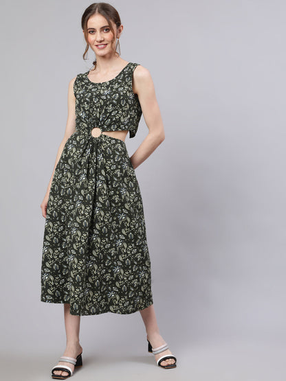 Women's Green Floral Print Cut-Out Midi Dress