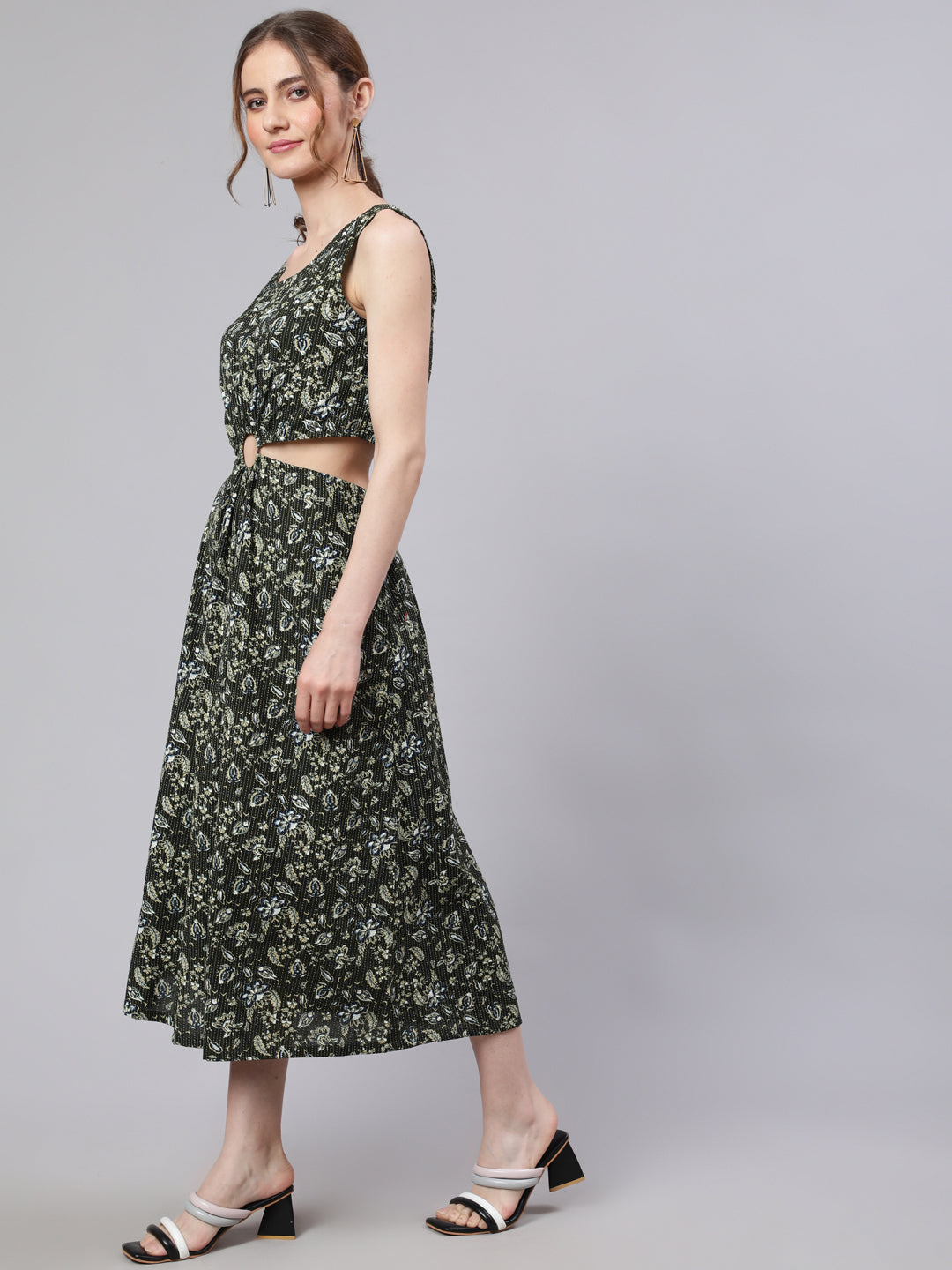Women's Green Floral Print Cut-Out Midi Dress
