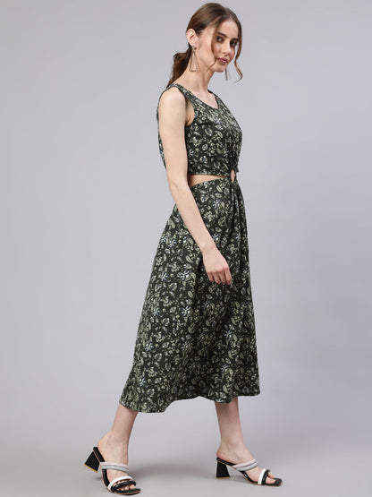 Women's Green Floral Print Cut-Out Midi Dress