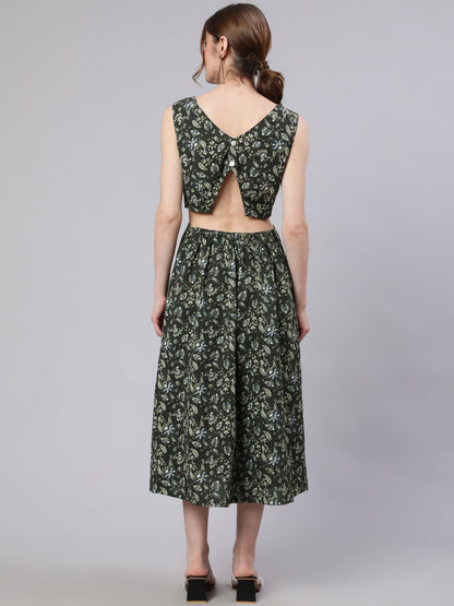 Women's Green Floral Print Cut-Out Midi Dress