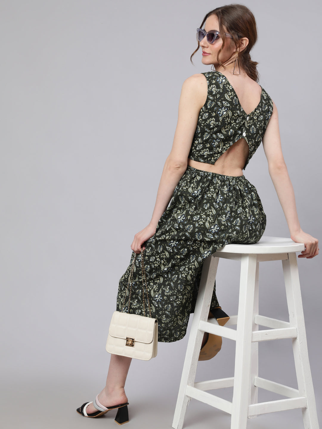 Women's Green Floral Print Cut-Out Midi Dress