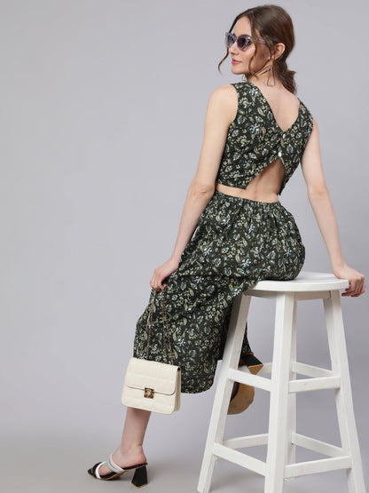Women's Green Floral Print Cut-Out Midi Dress