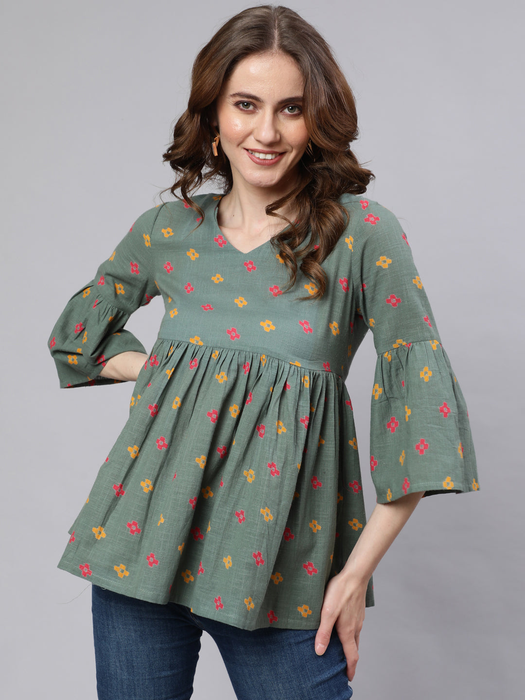 Women's Green Printed Gathered Tunic