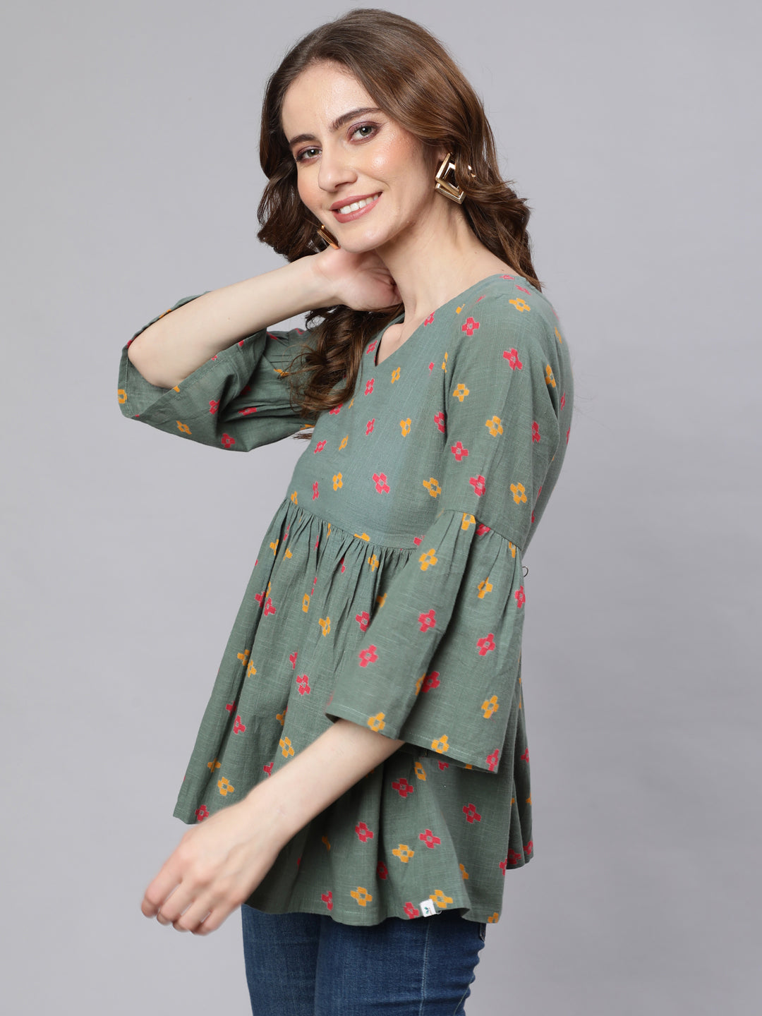 Women's Green Printed Gathered Tunic