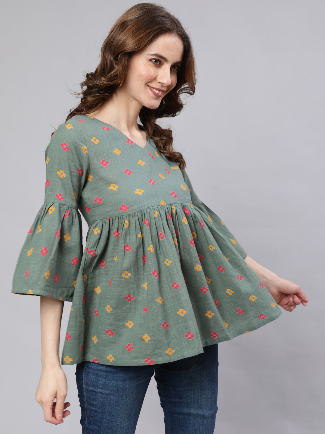 Women's Green Printed Gathered Tunic