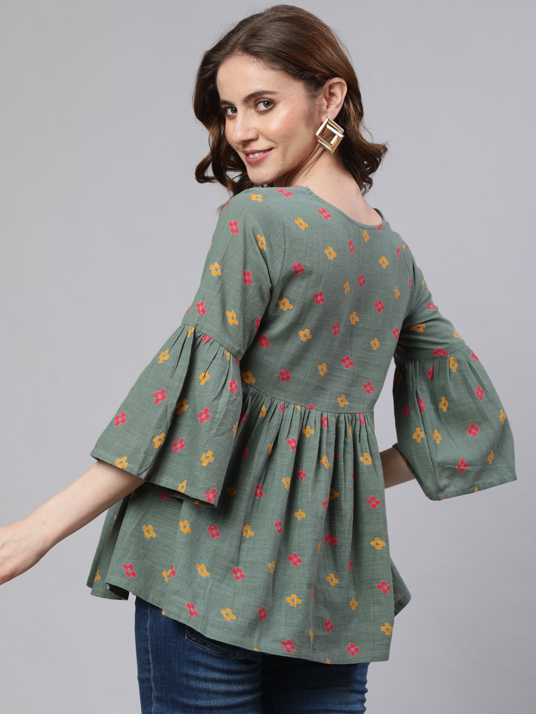 Women's Green Printed Gathered Tunic