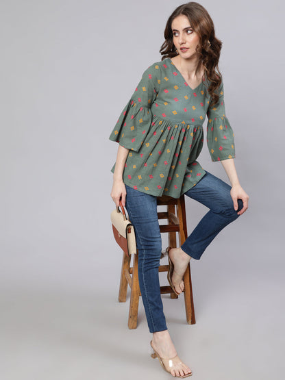 Women's Green Printed Gathered Tunic