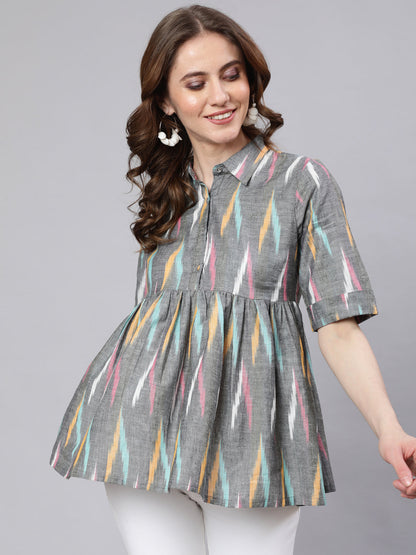 Women's Grey Ikat Print Gathered Tunic