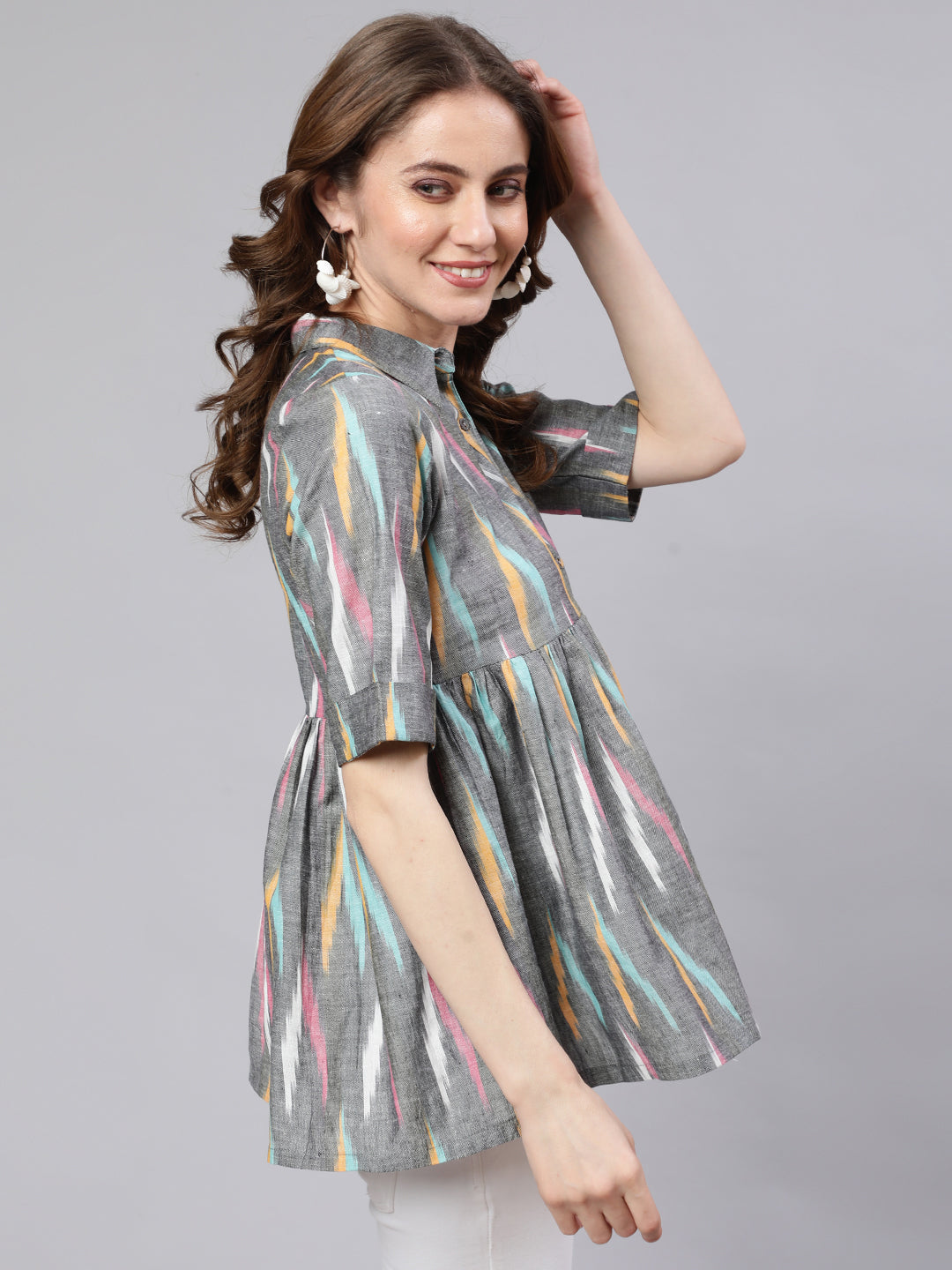 Women's Grey Ikat Print Gathered Tunic