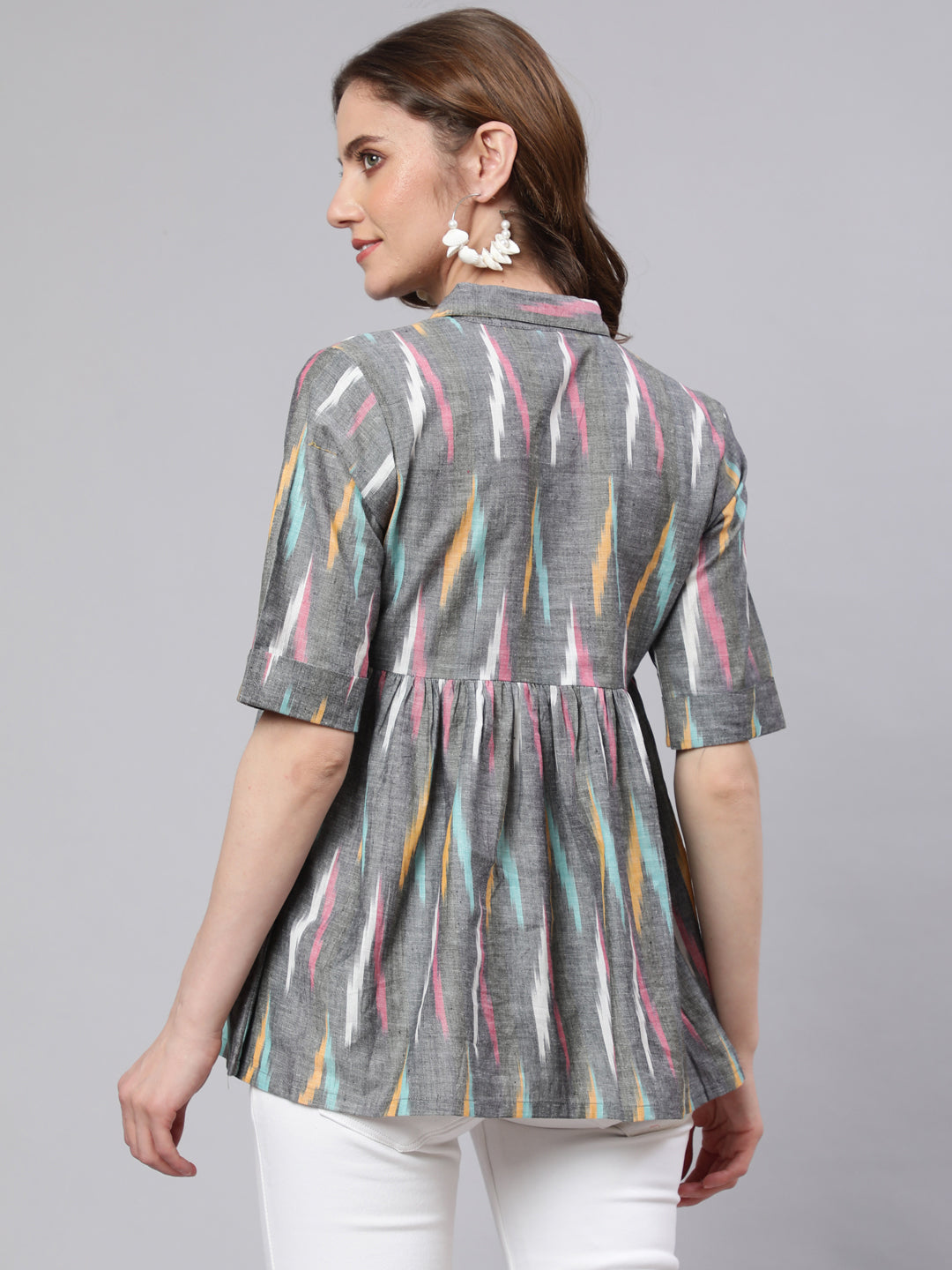 Women's Grey Ikat Print Gathered Tunic