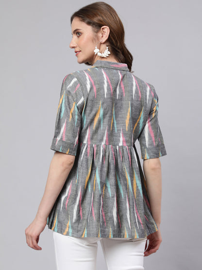 Women's Grey Ikat Print Gathered Tunic