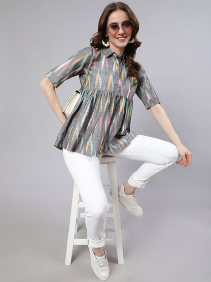 Women's Grey Ikat Print Gathered Tunic