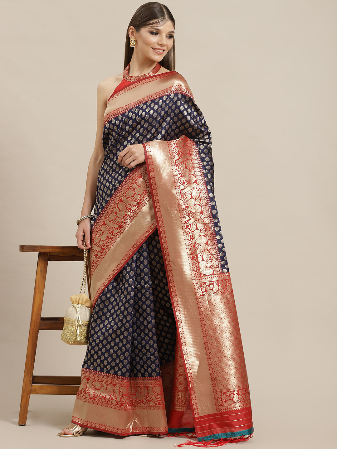 Women's Navy Blue Golden Zari Work Banarsi Saree With Blouse Piece