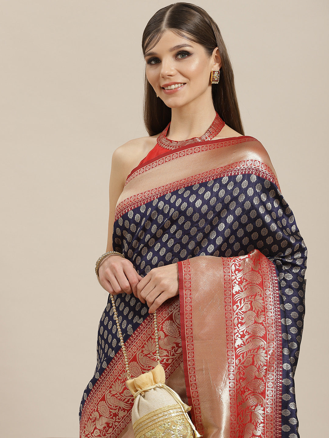 Women's Navy Blue Golden Zari Work Banarsi Saree With Blouse Piece