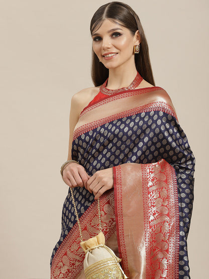 Women's Navy Blue Golden Zari Work Banarsi Saree With Blouse Piece
