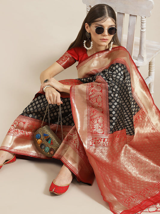 Women's Black Gold Zari Work Banarasi Saree With Blouse Piece