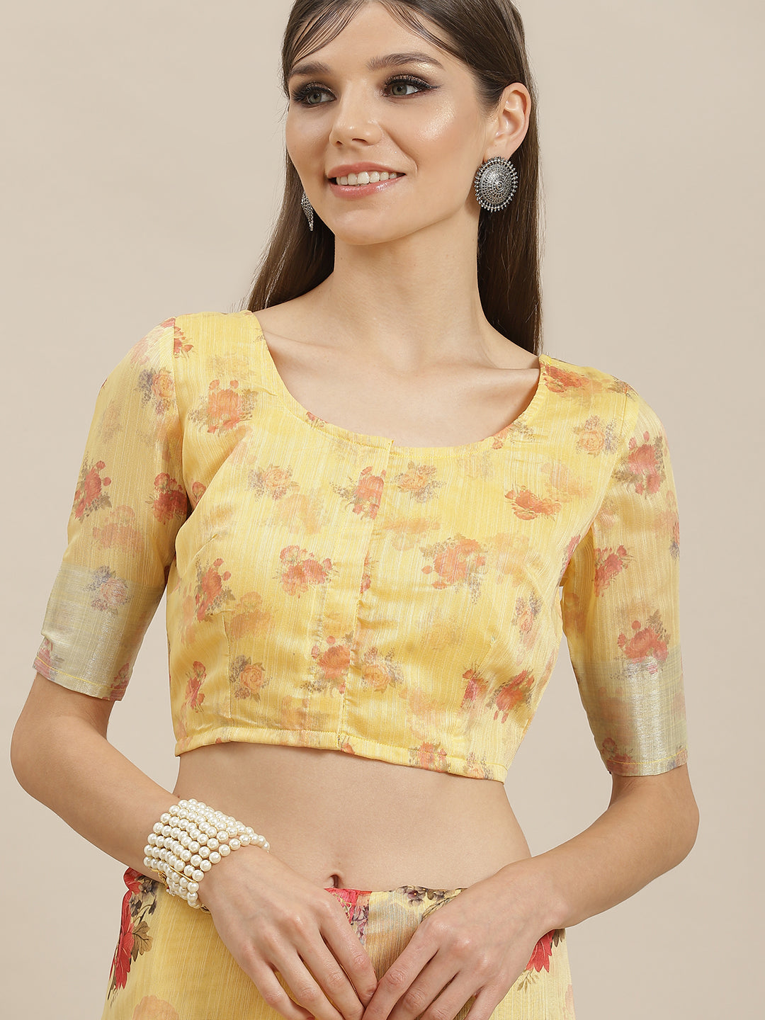 Women's Yellow Floral Print Saree With Blouse Piece