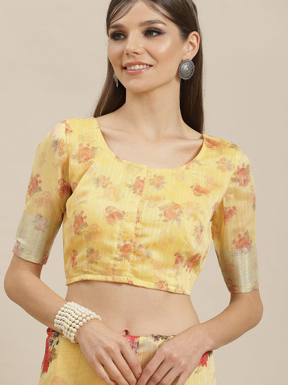 Women's Yellow Floral Print Saree With Blouse Piece