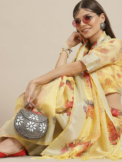 Women's Yellow Floral Print Saree With Blouse Piece