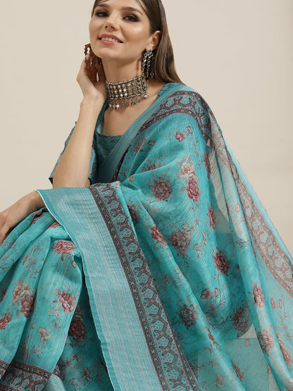 Women's Blue Floral Print Saree With Blouse Piece